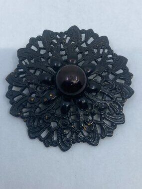 Vtg black enamel metal filigree mourning gothic Victorian style brooch